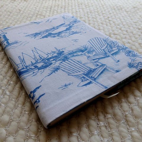 小型帆船とビーチのノートブックカバーとレトロロマンチックノートブック、Sailboat and beach notebook, fabric covered retro notebook