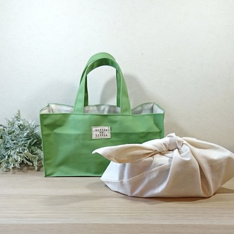 紙袋型のお弁当バッグ&あづま袋(若草色)