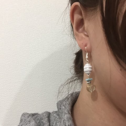 ターコイズストーンとクリアビーズフックピアス