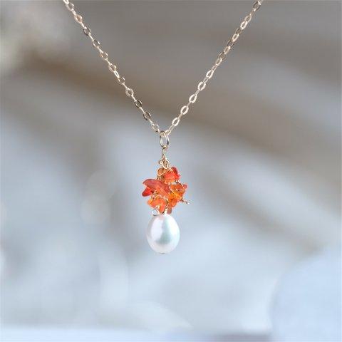 fire opal necklace：ファイヤーオパール×淡水パールネックレス　天然石　オレンジ