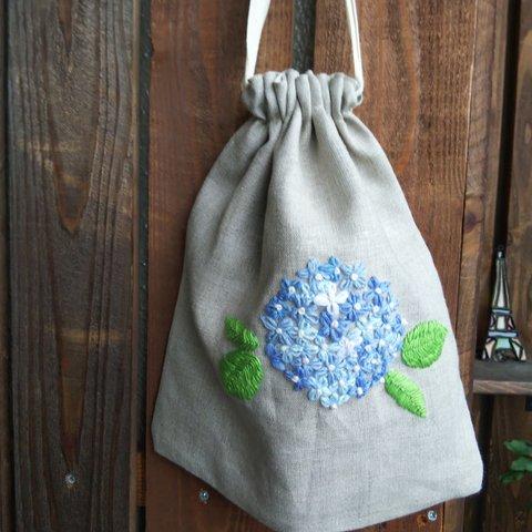 紫陽花の手刺繍 リネン巾着袋　