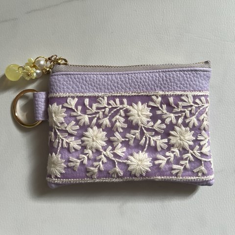 ハンドメイドポーチ ハンドメイド ミニポーチ インド刺繍リボン 刺繍リボン コインケース 12cmファスナー お花パーツ付き