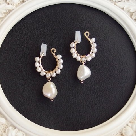 [14kgf] 2WAY Spiral gems : pearl earrings 