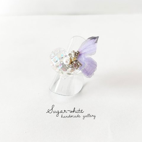 🦋Butterfly series ✵  蝶とリボンビジューとクリアオーロラワッフルハートの指輪  《 violet 》 フリーリング シルバーカラー
