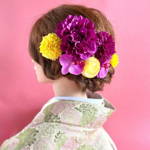 胡蝶蘭とダリアの髪飾り 紫 黄 結婚式や成人式に 和装 和風 アーティフィシャルフラワー