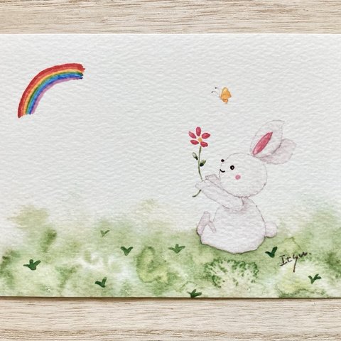 🌈透明水彩画「良い事ありますように」イラストポストカード　うさぎ　ウサギ　虹　母の日　バースデーカード 入園入学　花　蝶々　ちょうちょ🌈