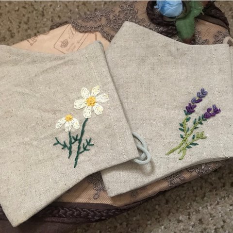 抗菌加工のリネン刺繍マスク2枚セット