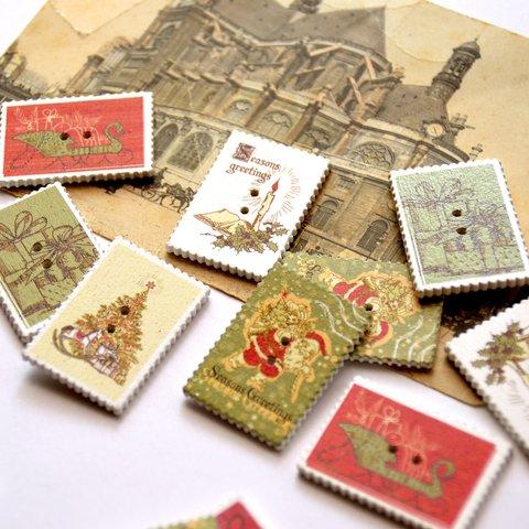 パーツ* Christmas stamp*切手風*ウッドボタン*ナチュラル