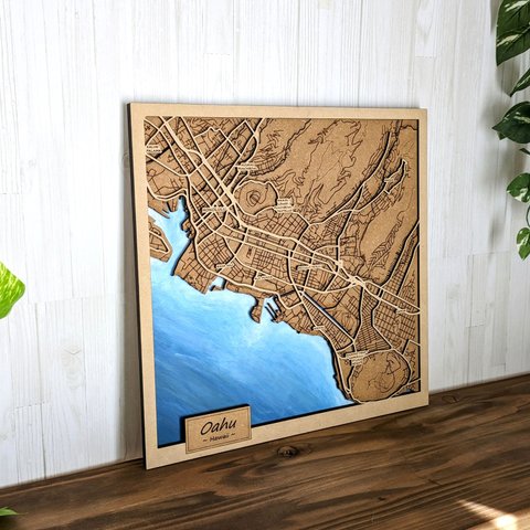 オアフ島の木製地図