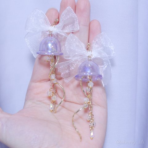 sugary jewelry fish【ロリィタ/ロリータ　マーメイド　人魚姫　オーロラ　サックスブルー　リボン　パール　ピアス／イヤリング】