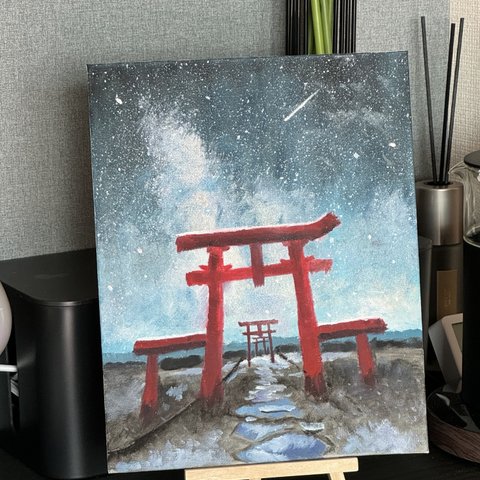 手描き油絵原画-星空と鳥居