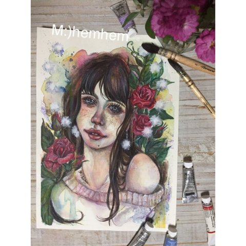 ●原画●オリジナルイラスト  赤い薔薇とすきっ歯の女の子 水彩画