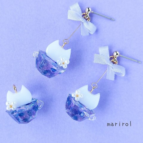 にゃんと紫陽花ハーブティー　 イヤリング＆ピアス  