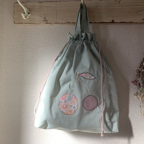 再販♡ 体操着袋《さくらんぼ🍒アップリケセージグリーン》