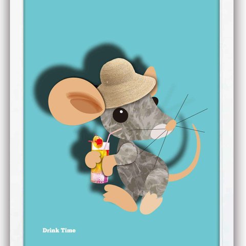 Drink Time　ポスター　A4 　アート　seiで検索　結婚祝い　新築祝い　誕生日　かわいい　ネズミ   ｍ-434