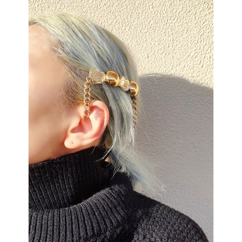 大ぶり ヴィンテージ 風 ハンドメイド バレッタ ヘアアクセサリー ヘアカフ ゴールド メタル クリア ガラス カボション ゴールド メタル チェーン タッセル ヘアバレッタ