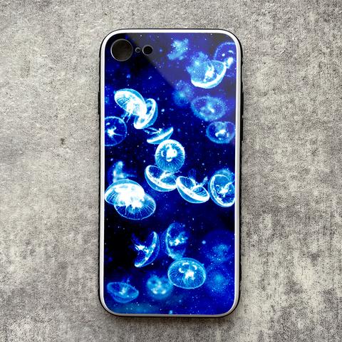 きらきらクラゲのガラススマホケース 強化ガラス 宇宙 iphone14 iPhone12 iphone13 iphone11 クラゲ 海 SE3
