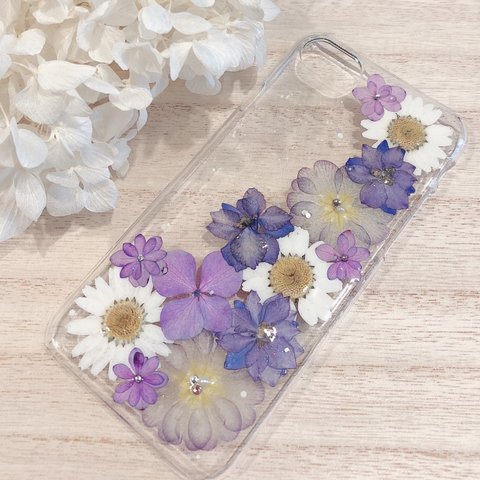 鮮やかパープルフラワーの押し花iPhoneケース