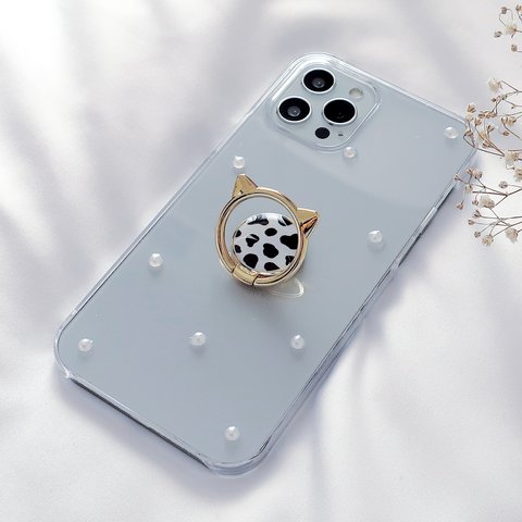 iPhoneケース バイカラー【白黒】 猫リング付き スマホケース