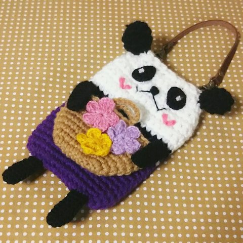 パンダのスマホケース 紫×花かご