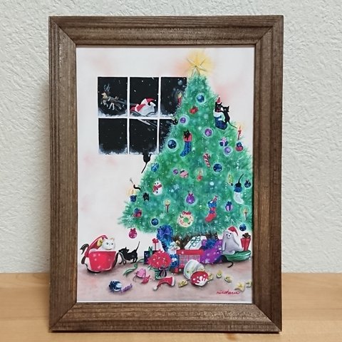 透明水彩画 インテリアポスター クリスマス×ネコ A5～