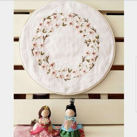 ひな祭り、桃の花のリース刺繍