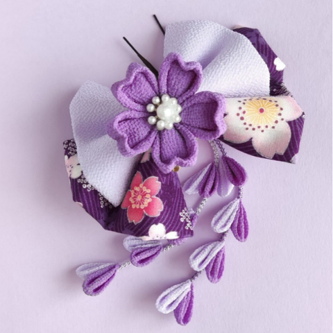 七五三・卒業式つまみ細工髪飾りリボン&桜・紫