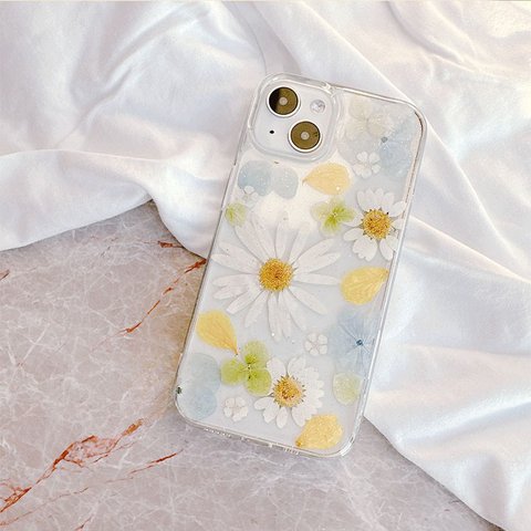 本物の押し花 押しフルーツ  アジサイ  デージー ハンドメイド スマホケース iPhoneケース　　Galaxyケース