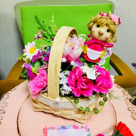 お母さんピックつき😁💕カーネーションバスケットピンク💐💕