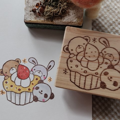 消しゴムはんこ♪ 135　くま　うさぎ　パンダ　いちごケーキ　スタンプ　はんこ