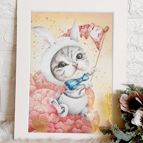 ねこ の イラスト 「 跳ねる Lucky rabbit 」 原画