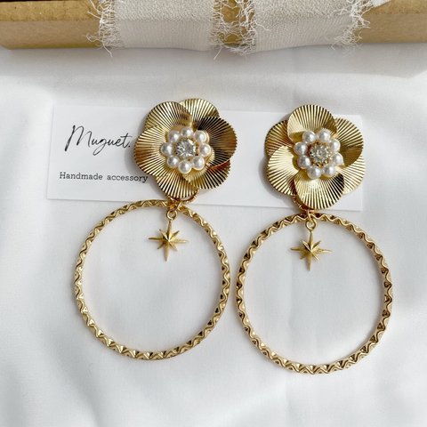 2way  メタルパールフラワー  おおぶりフープピアス