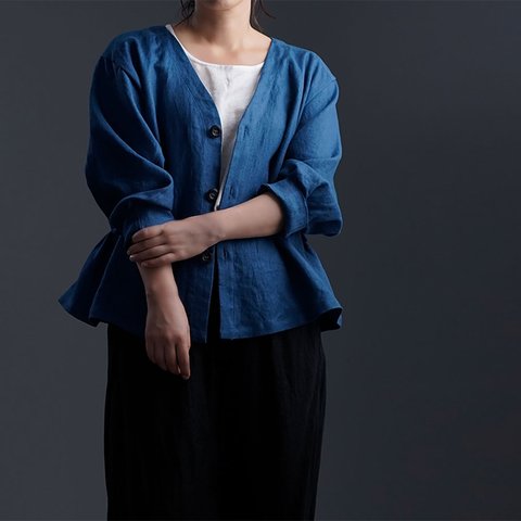 【wafu プレミアム】Linen Basque jacket  艶バスク・ジャケット / オーシャン h005e-ocn2