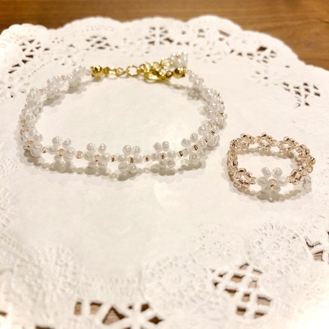 ジャスミンのお花ビーズリング＊ブレスレット⁂ピンクゴールド⁂