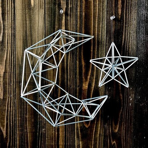 ヒンメリ「三日月と星」moon  月 星オーナメント 野外使用可なアルミ製　幾何学オブジェ　シルバー　クリスマスオーナメント