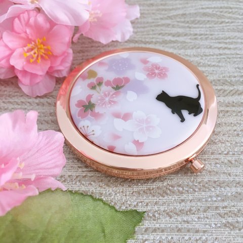 お花見猫のさくら柄＊和風コンパクトミラー 猫 ネコ 子猫　桜の春 ピンク