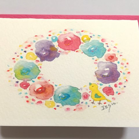 2枚セット「鳥さんのお花リース」水彩画イラストミニカード バースデーカード　サンキューカード　メッセージカード　花　フラワー　とり