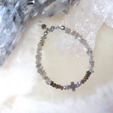 SALE！！Ash gray cross +…／hematite・labradorite・smoky quartz 