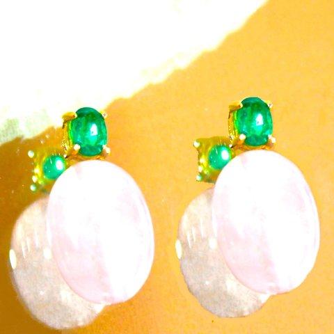 - spring - Emerald & Rose Quartz Earrings/Pierce/Ear-cuff