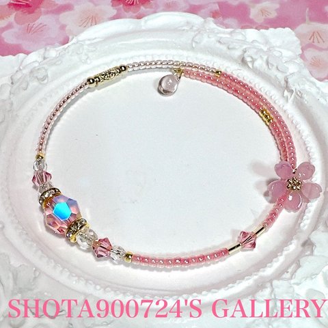 ［再販3］桜　ブレス2024🌸　Swarovskiライトローズシマー　　シングル　ワイヤー　ブレスレッド　春　#桜　お花見　桜　ピンク　ひな祭り　#minne_new パステルカラー