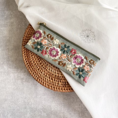 インド刺繍×帆布/フラットタイプ ペンケース・ペンポーチ