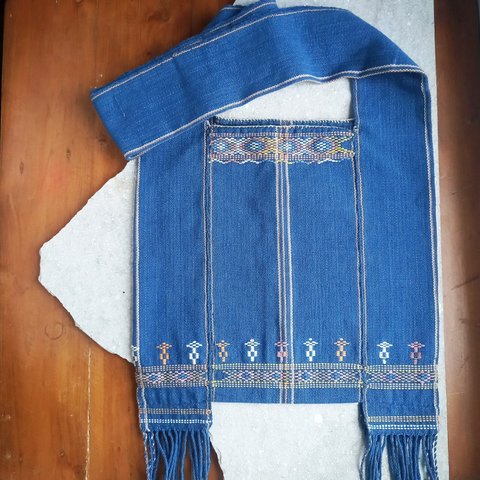 草木染めコットンの手織りショルダーバッグ / 藍 お花柄 / 手縫い / 1点もの