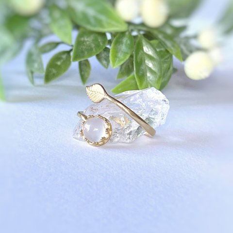 再販♡ 6mm リーフと宝石質ブルーカルセドニーのリング/ブラス(真鍮) フリーサイズ