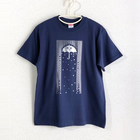 雨ザーザーTシャツ【インディゴ・Sサイズ】☆キラッとメタリックプリント