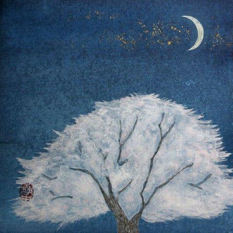 【日本画原画】夜桜と三日月　ミニアートパネル　インテリアアート　絵のある暮らし