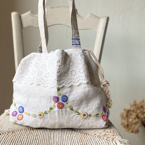 フランスアンティーク*花刺繍*巾着バッグ*トートバッグ*ヴィンテージ*アンティークレース