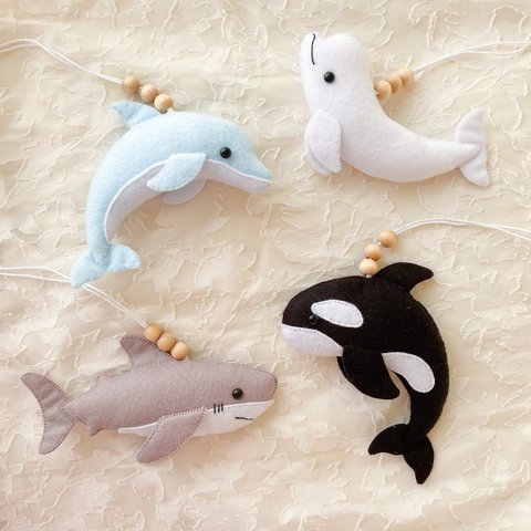 【海の生き物】ベビージム トイ おもちゃ フェルト  知育玩具 インテリア かわいい おしゃれ 夏 海 サメ シャチ イルカ シロイルカ 出産祝い プレゼント