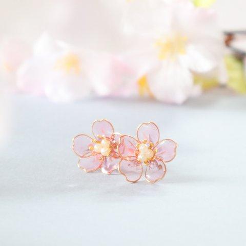 押し花ディップアートのさくらの一輪イヤリング/ピアス　クリアピンク