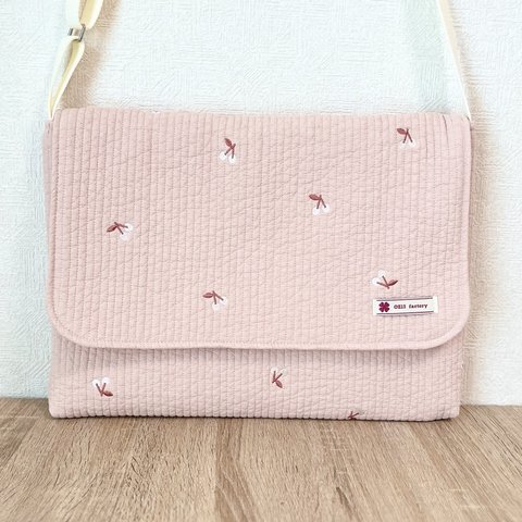 図書袋　ヌビ・チェリー刺繍/ベージュピンク