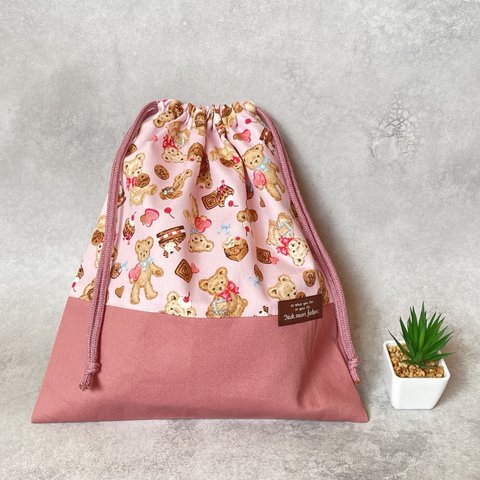 【 入園 入学 】きんちゃく袋（大）〈 テディベア & スイーツ 〉体育着袋　給食着袋　ピンク　くまさん　くま　チョコ　